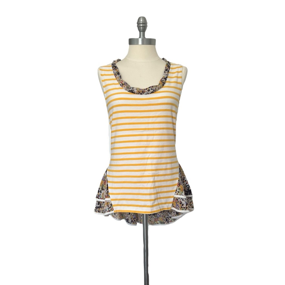 Anthropologie Postmark Striped Peplum Hi Lo Tank Flowy Top Yellow White Floral S - Picture 2 of 11